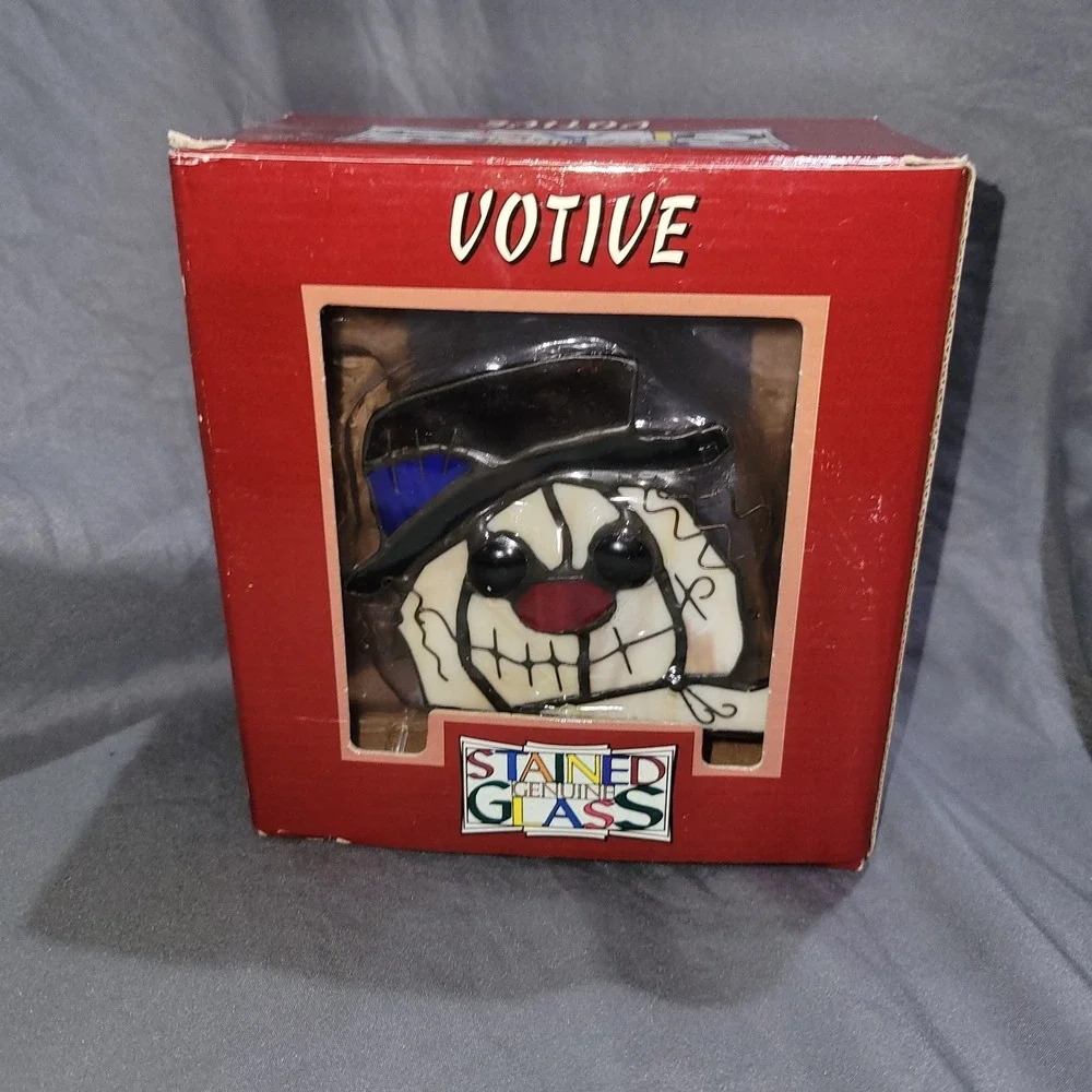 Vintage Stained Glass Creepy Clown Snowman Votive Candle Holder